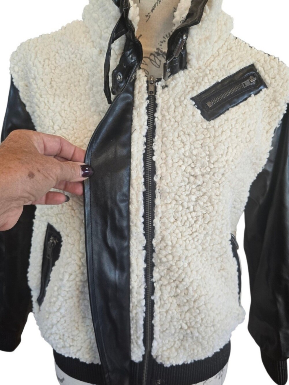 Vintage Havana Girls Black Faux Leather Sherpa Moto Bomber Jacket XL - Picture 2 of 8